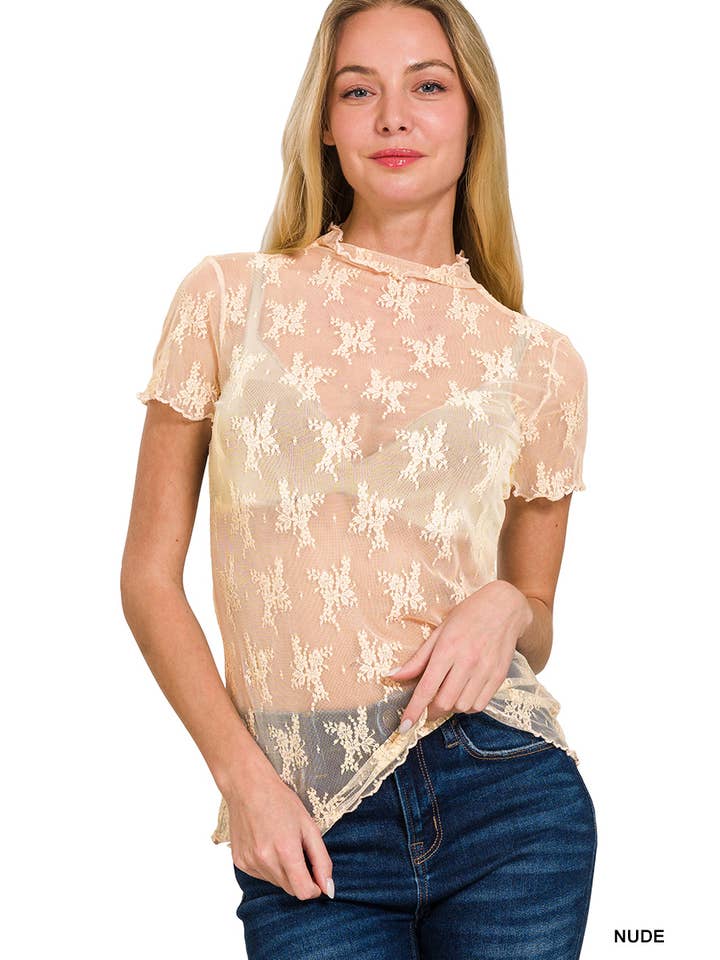 42POPS - Wholesale Knit Top - Women's - ,...SI-25281 Lace See Through Layering Short Sleeve Top