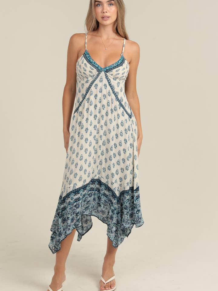 F4K26-FQ62 V NECK ADJUSTABLE STRAPS HANKY HEM MAXI DRESS for wholesale by ANGIE
