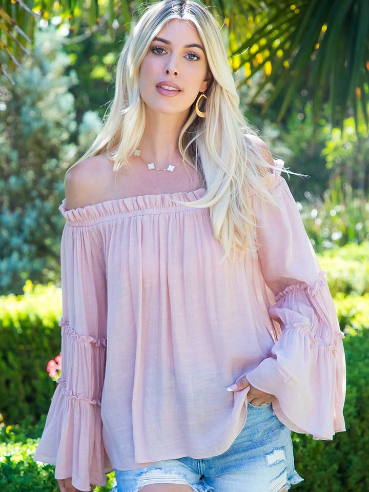Sweet Lovely by Jen - Wholesale Blouse โ Womenโs - TIERED BELL SLEEVE OFF SHOULDER TOP0