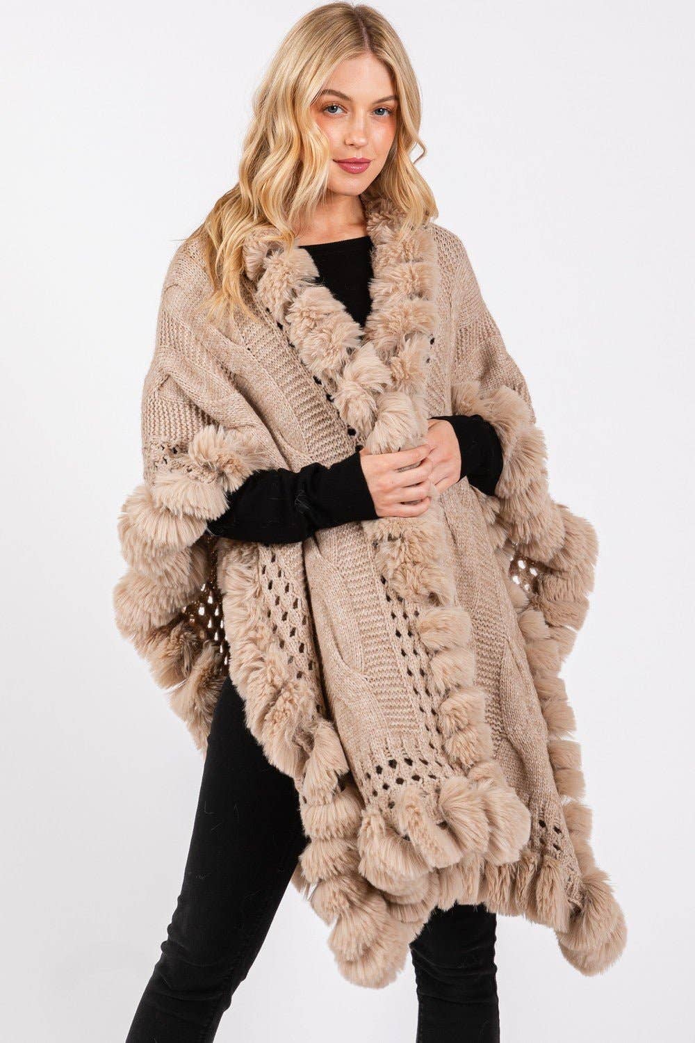 MiMi Wholesale - Wholesale Cape - Women's - MS0408 Faux Fur Trim Cape With Closure10