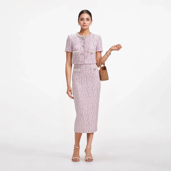 SET170Y Pink Tweed Beaded Jacket & Slit Skirt Two-Piece Set for wholesale by Productseeker