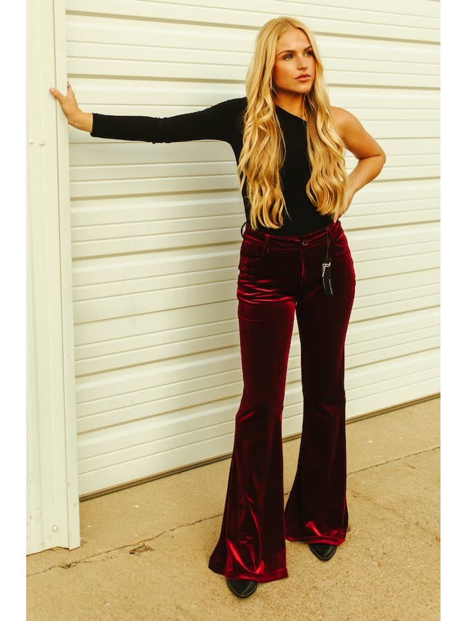 LUCKY & BLESSED - Wholesale Pants - Women's - Plus Size Wine Velvet Flare Pants