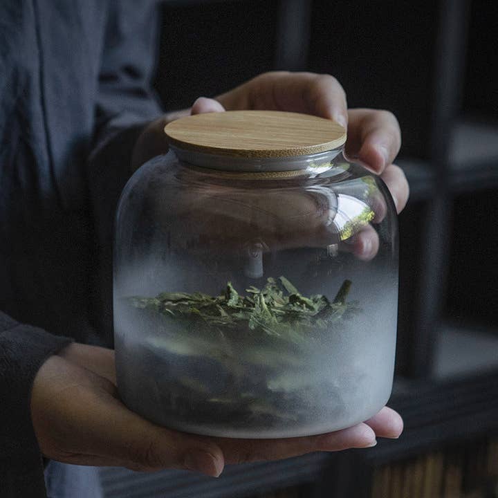 Gohobi – Großhandel Lebensmittelbehälter – Gohobi Teedose aus Glas mit grauem Schirm, groß