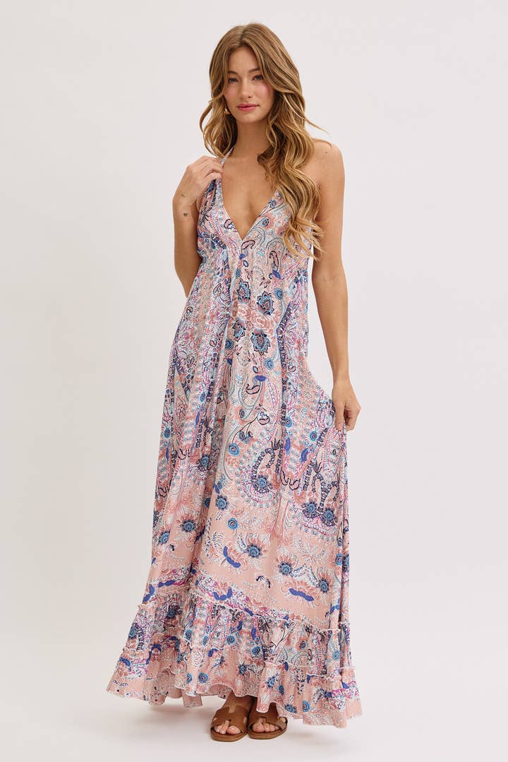 BOHEMIAN FLORAL PRINT HALTER FLORAL MAXI DRESS for wholesale by Sweet Lovely by Jen