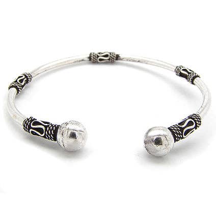 Silver Insanity - Wholesale Cuff Bracelet - Bali Style Sterling Silver Ball-Ends Cuff Bangle Bracelet
