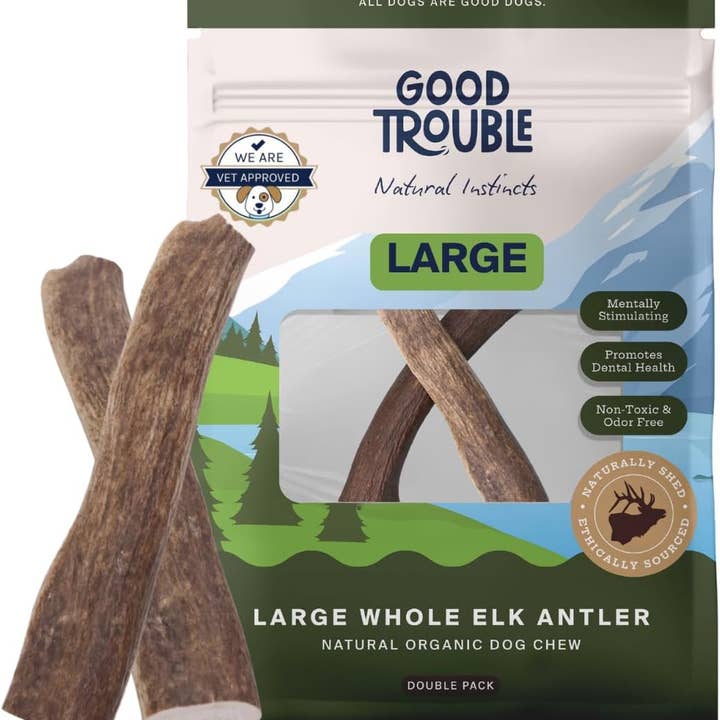 Wild Elk Antler Dog Chews Whole (2 Pack, Large) for wholesale by Good Trouble Pets