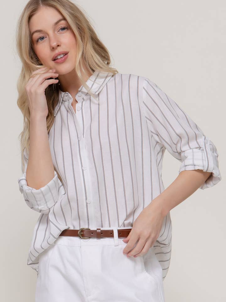 Chemise oversize à rayures en lin à manches longues et boutons pour la vente par Active Basic | Active USA