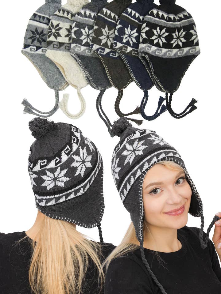 Bonnet aviateur géométrique à rabats oreilles flocon de neige pour la vente par Cap Zone