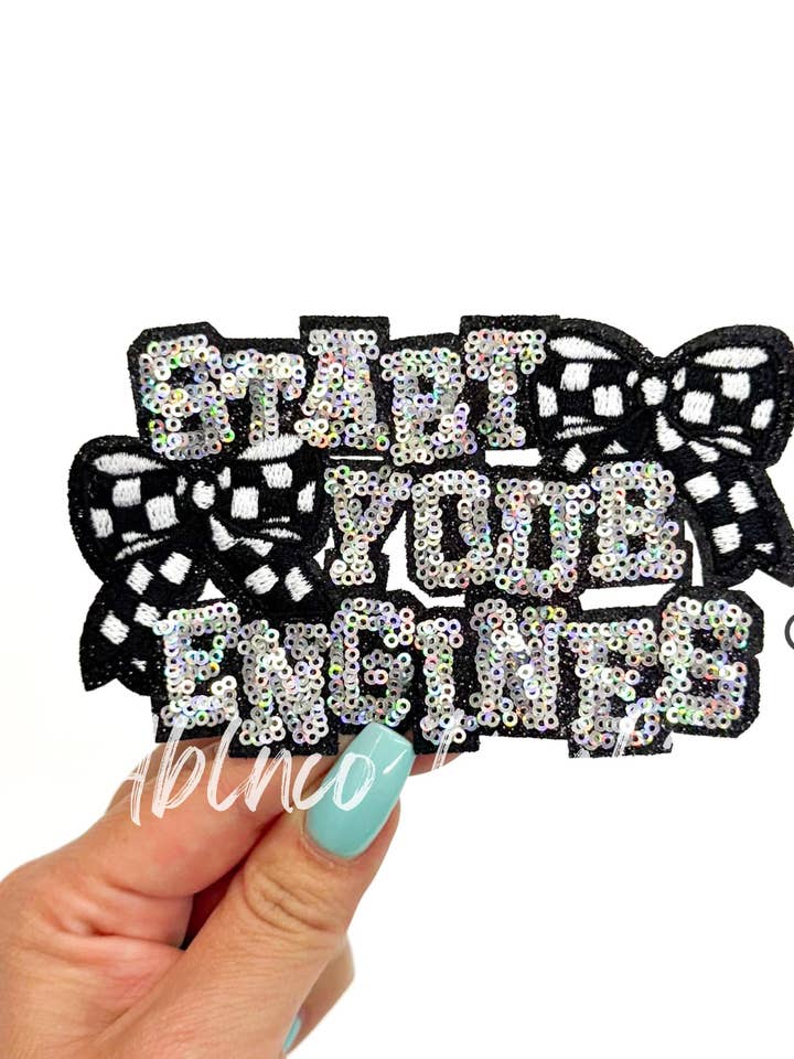 Start Your Engines Race Checkered Bows Sequins Patch - Small for wholesale by ABLNco