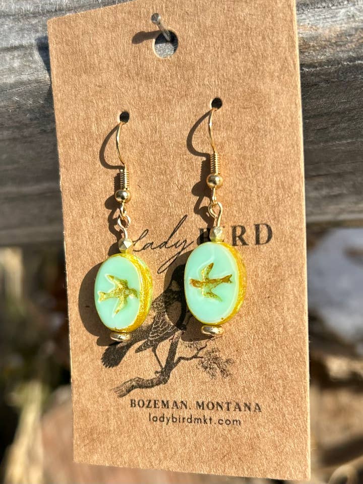 Yellow & Turquoise Gold Etched Glass Oval Birdy Earrings for wholesale by Lady Bird Market