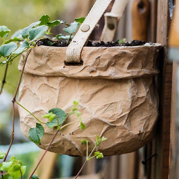Craft Paper Bag Style Concrete Hanging Pot for wholesale by Rustic Reach