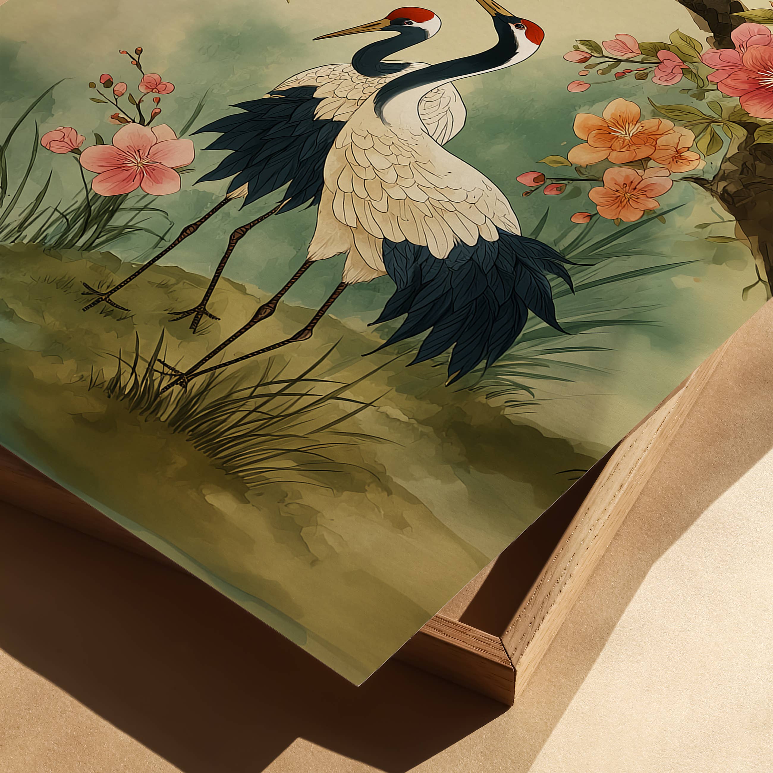 IuliiaArtPrints – wholesale Art print – Red-Crowned Cranes – Japanese Cherry Blossom Triptych Print1