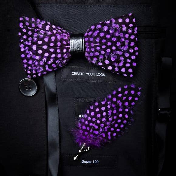 TYED BY DEDE – wholesale Bow Tie - Men’s – Handmade Purple Polka Dot Feather Bow Tie W/free Lapel Pin Set2