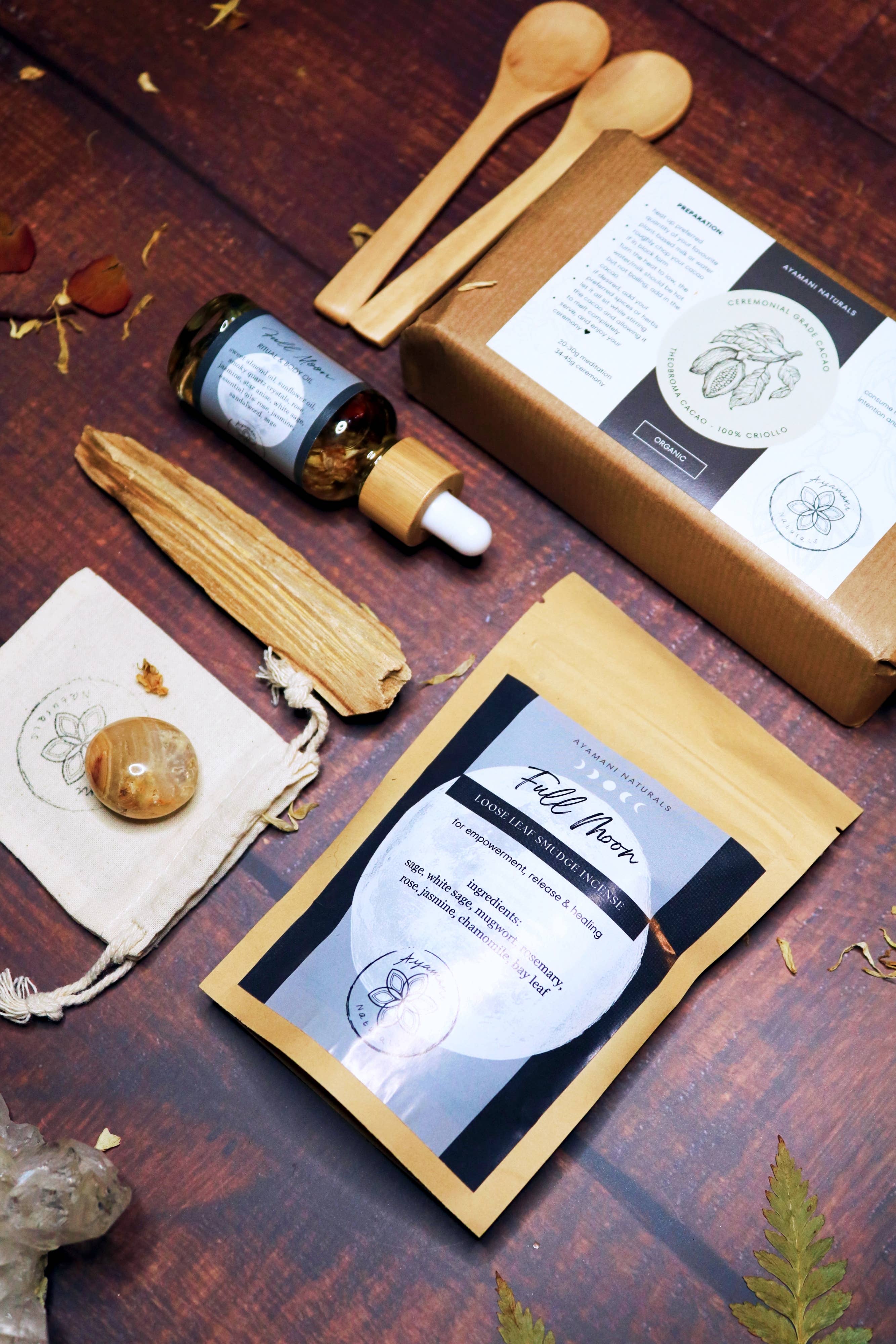 Ayamani Naturals - Vente Pierre et cristal de spiritualité - Coffret Cadeau Cérémonie Cacao Pleine Lune | Kit Cacao Rituel Brut0
