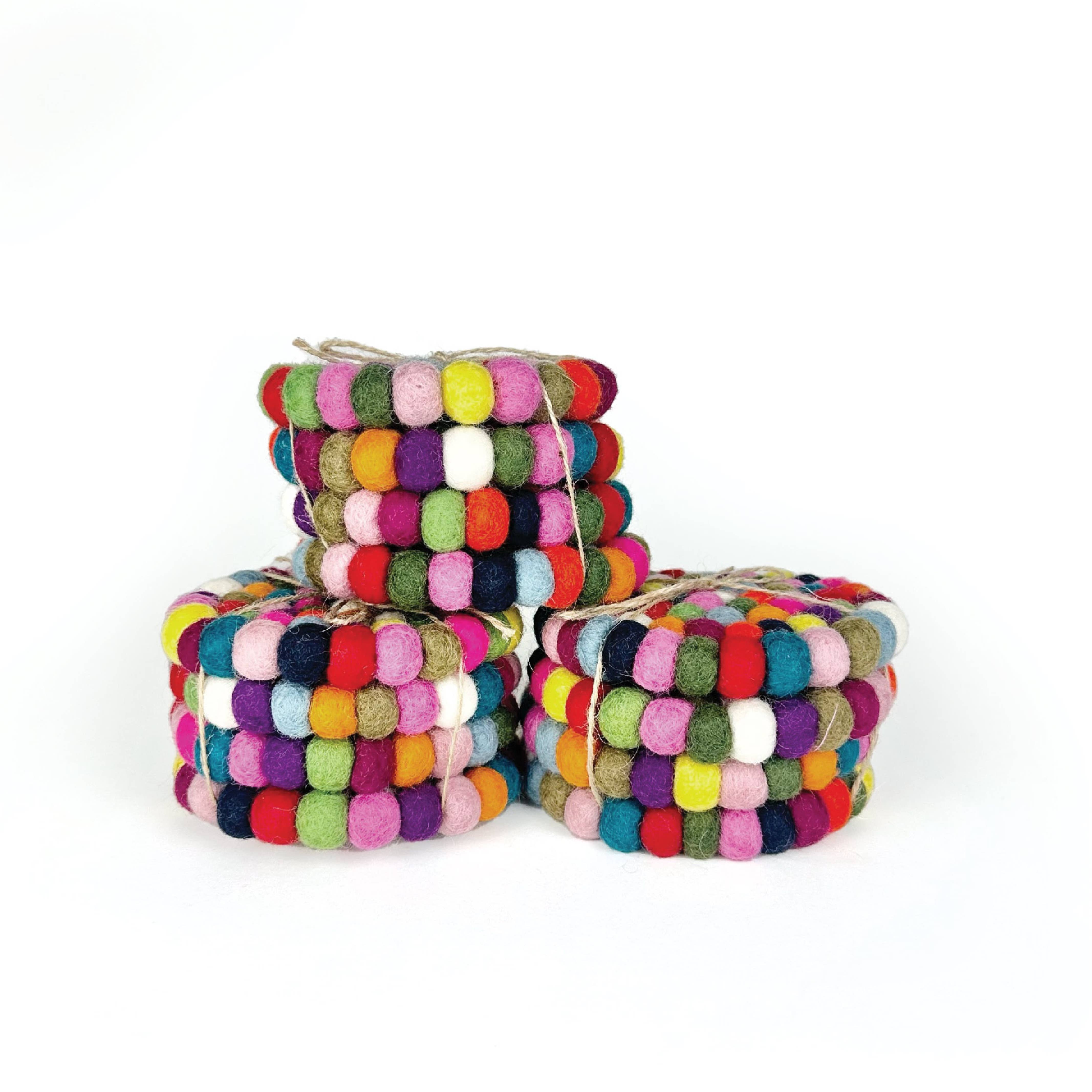 Sheep Farm Felt - Wholesale Coasters - Multicolored Felt Ball Coasters | Set of 4- Case of 4