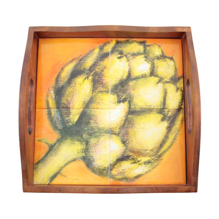 Plateau de service en bois à 4 carreaux avec poignées - Artichaut pour la vente par Out of the Woods of Oregon