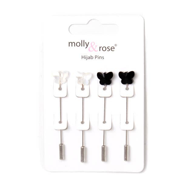 Card of 4 Hijab pins with butterfly 4.5cm for wholesale by Inca UK