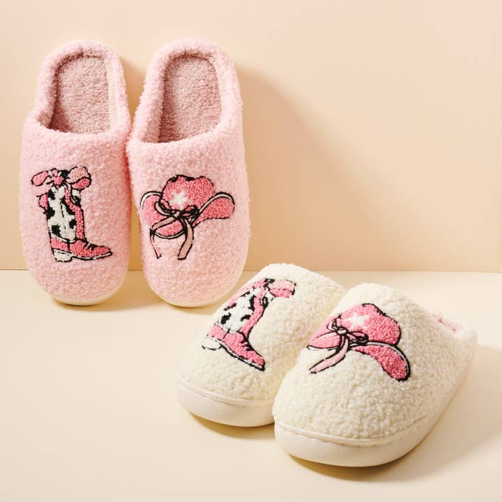 Lilla Haven - Wholesale Slippers - Women's - Fuzzy Cowgirl Slippers with Boot and Hat Embroidery2