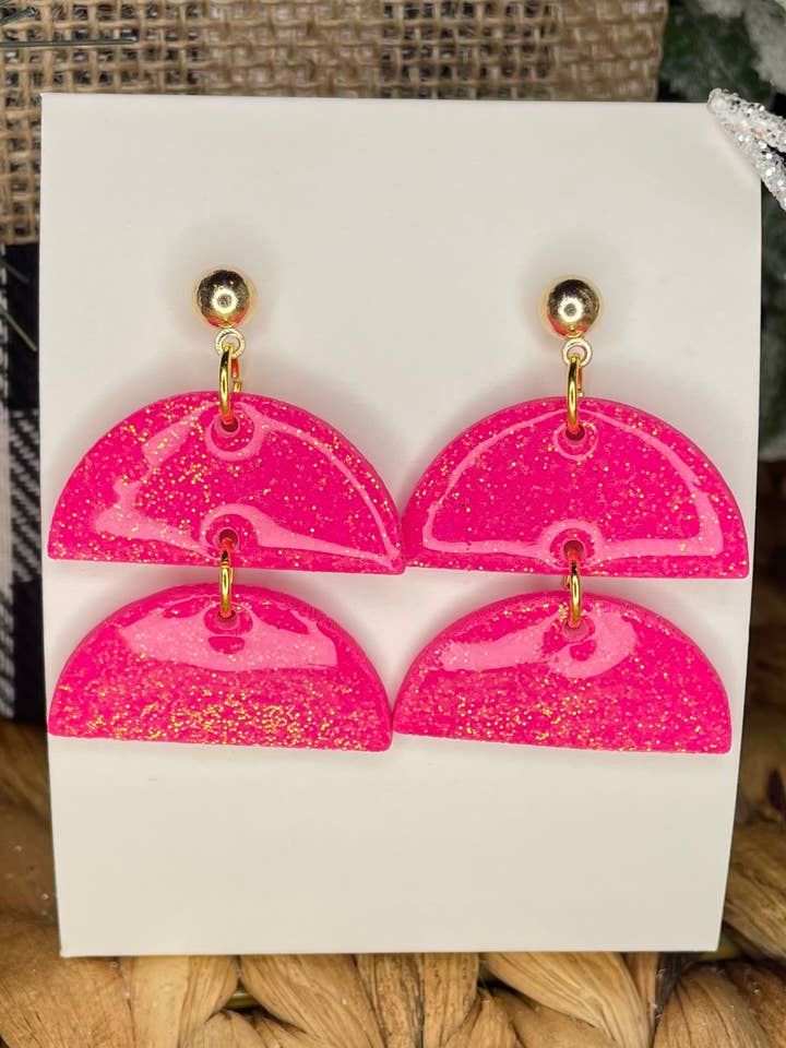Pink Glitter Half Moon Dangle Handmade Clay Earrings for wholesale by KBH CREATIONS