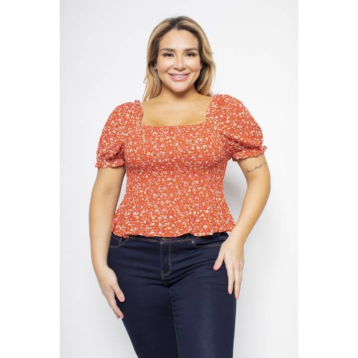 Curve Market – wholesale Blus - Dam – PLUS STORLEK BLOMMIG SMOCKAD PUFF ÄRM TOPP