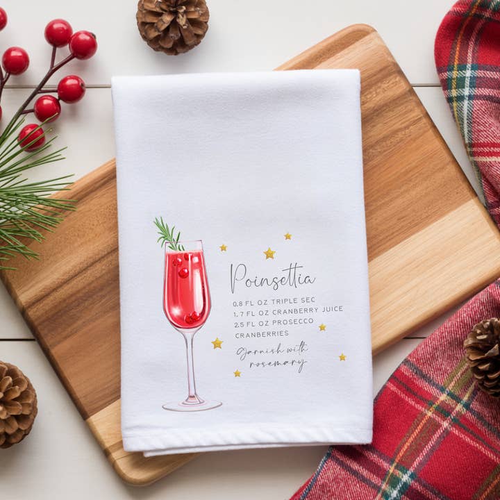 Holiday Dish Towel | Poinsettia Cocktail for wholesale by Designs By Hope Yoder