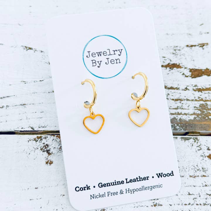 Huggie Earrings: Gold Heart Charm for wholesale by Jewelry By Jen