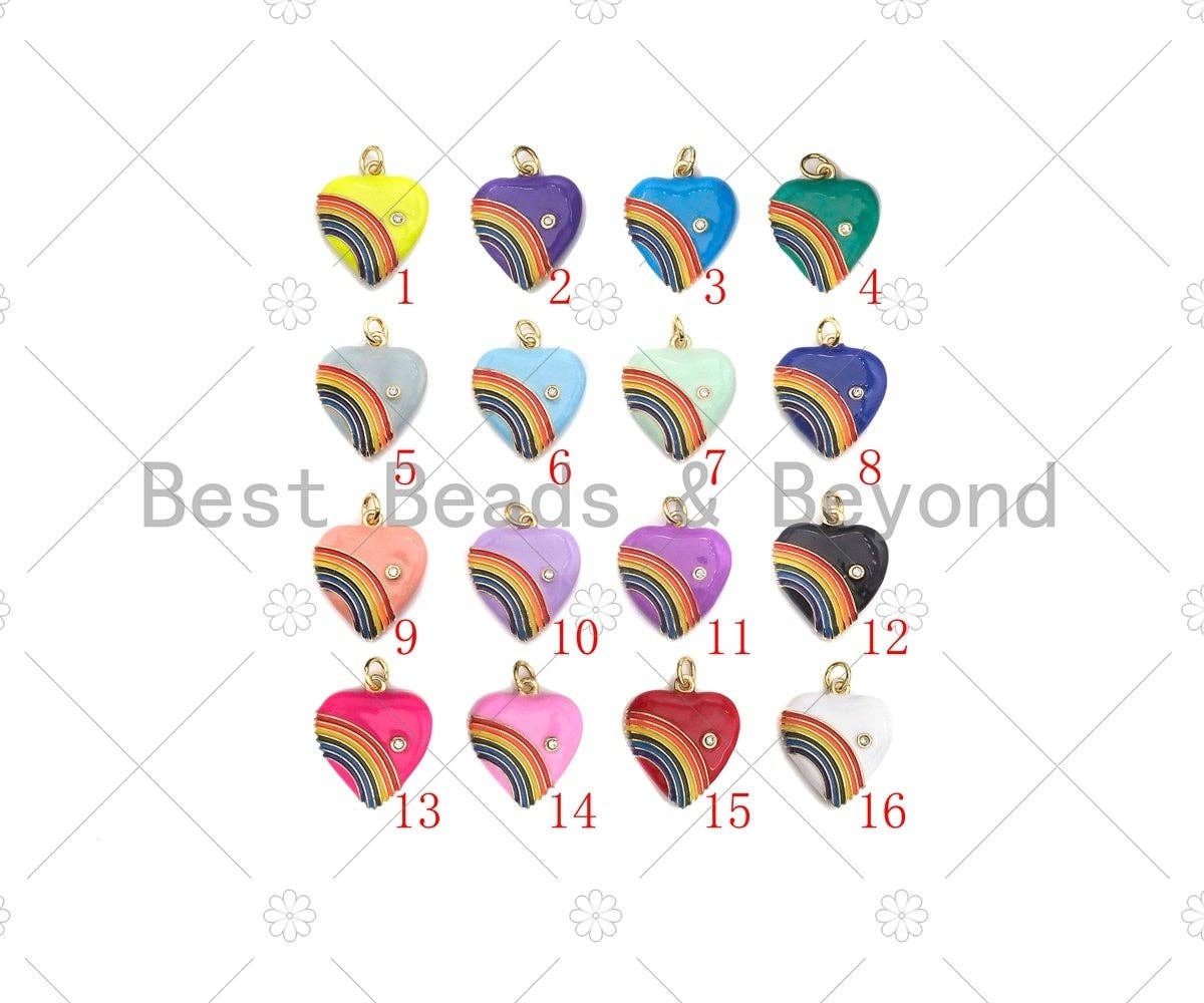 BestBeads&Beyond - Wholesale Individual Charm/Pendant - Rainbow Enamel Heart Pendant, Vintage Rainbow Heart Charms, Enamel with CZ Heart Charm, 21x18mm,sku#F13590