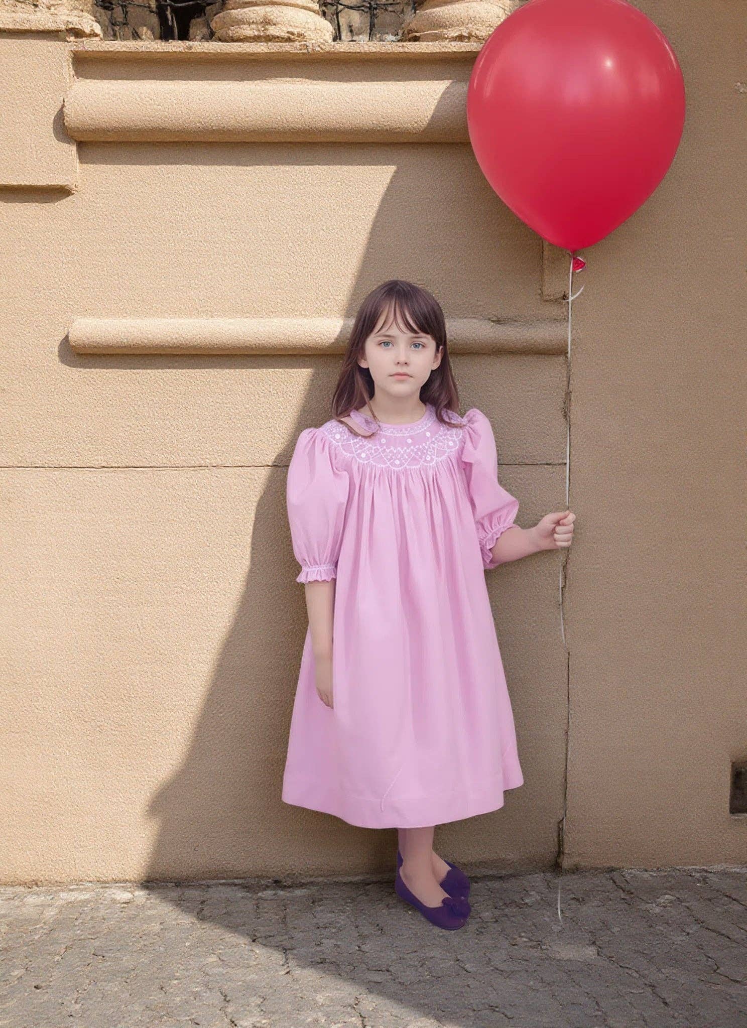 Hello Bebes! - Wholesale Dress - Kids - Pink Corduroy Geo Smocked With Pearl Long Sleeve Bishop Dress0