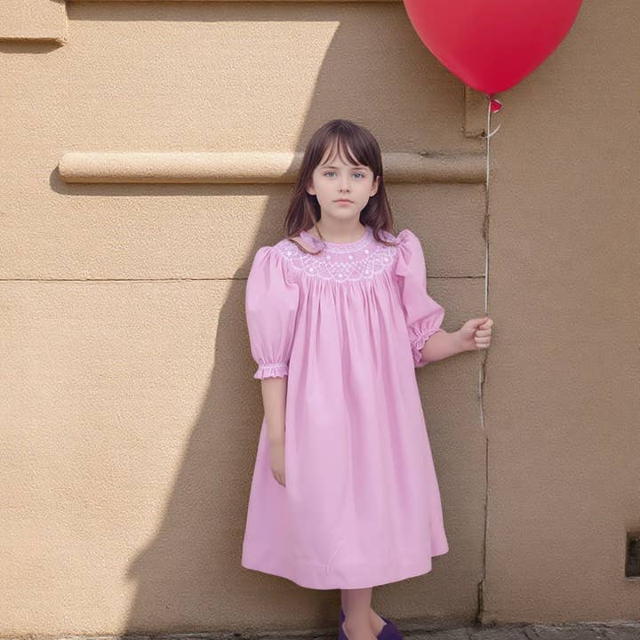 Pink Corduroy Geo Smocked With Pearl Long Sleeve Bishop Dress for wholesale by Hello Bebes!