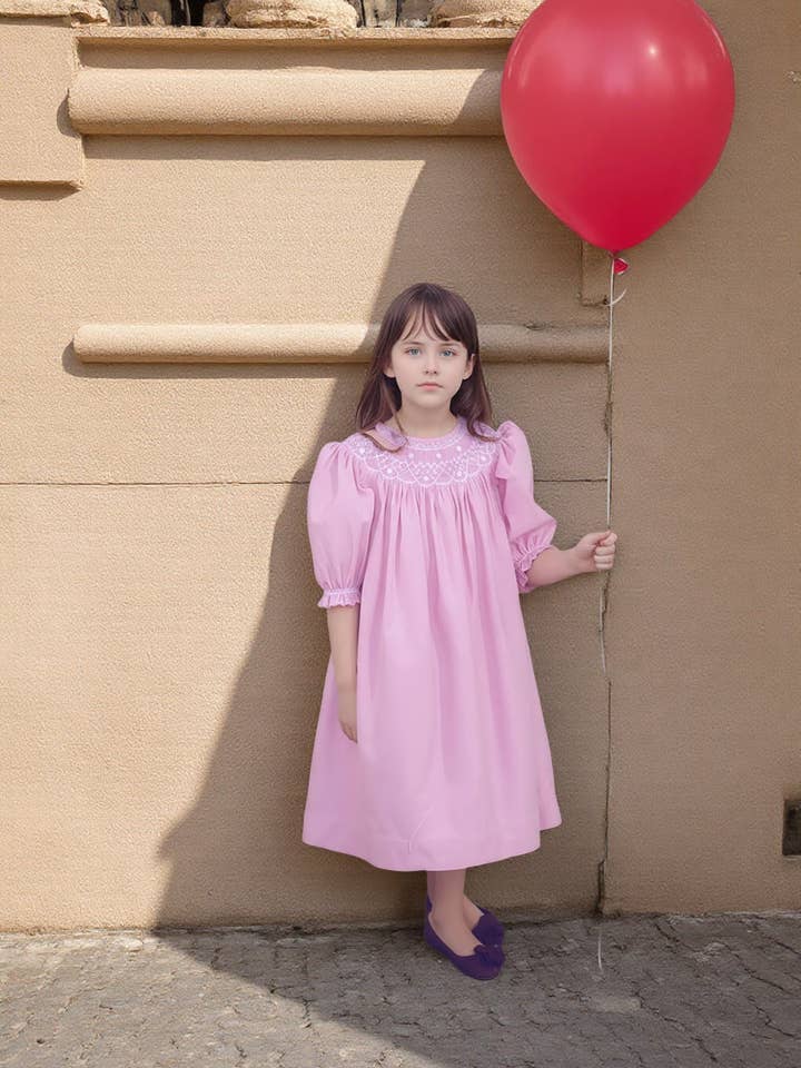 Hello Bebes! - Wholesale Dress - Kids - Pink Corduroy Geo Smocked With Pearl Long Sleeve Bishop Dress