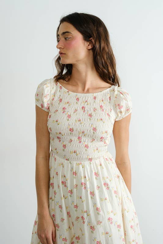 Cream MD2220 Floral Smocked Top Piecing Maxi Dress
 for wholesale on Faire10