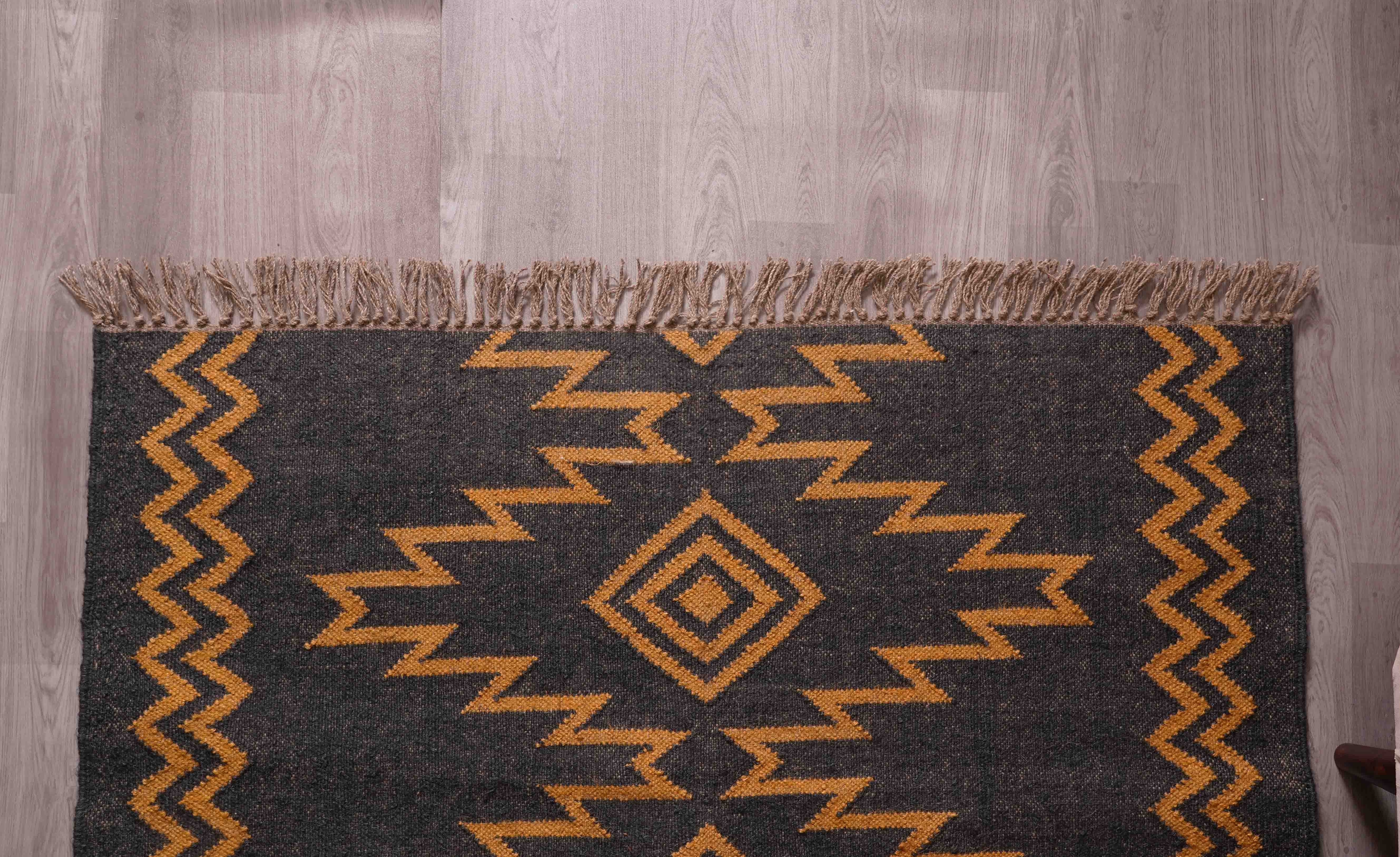 Chouhan Rugs - Wholesale Area Rug - Indian Handmade Black Kilim Jute Rug With Yellow Design Rug8