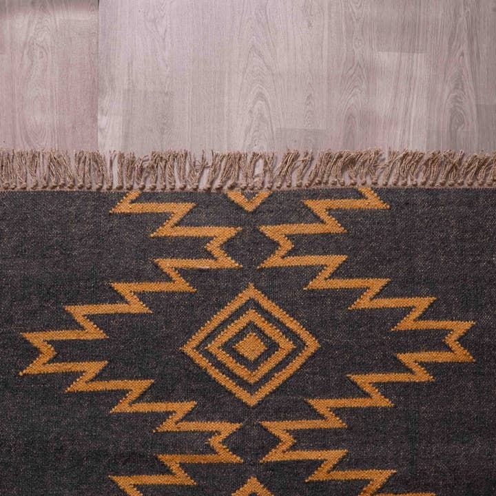 Chouhan Rugs - Wholesale Area Rug - Indian Handmade Black Kilim Jute Rug With Yellow Design Rug8