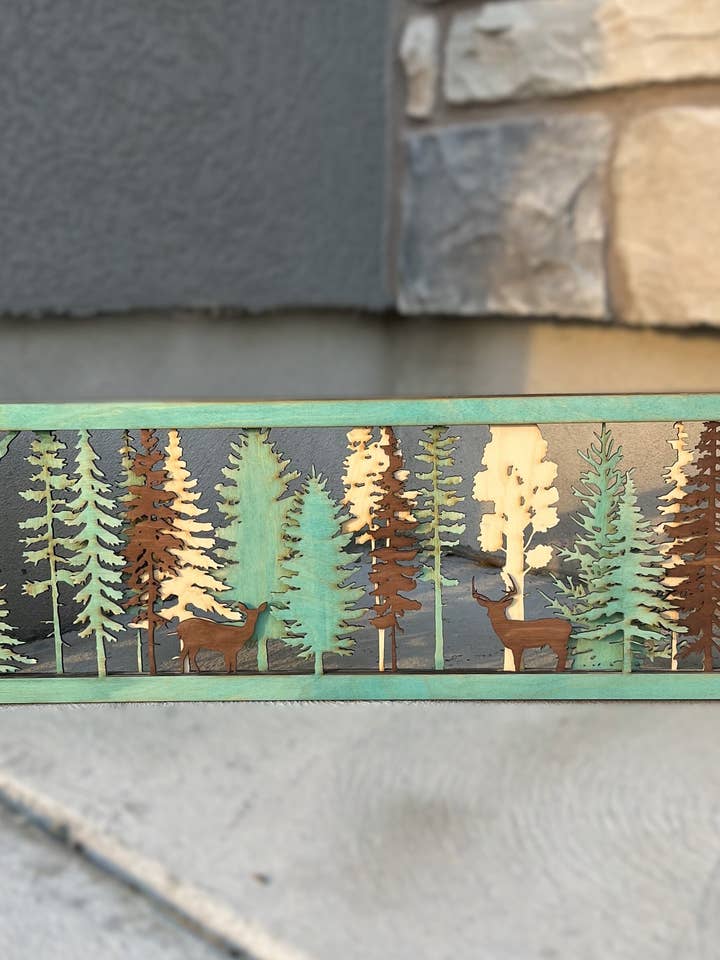 Layered Forest Scene Wall Decor with Trees and Deer for wholesale by Cutting Edge Laser Studio