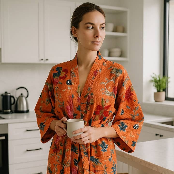 Peignoir Kimono en Coton Gaufré Terracotta – Imprimé Floral à Blocs pour la vente par Linen Connections