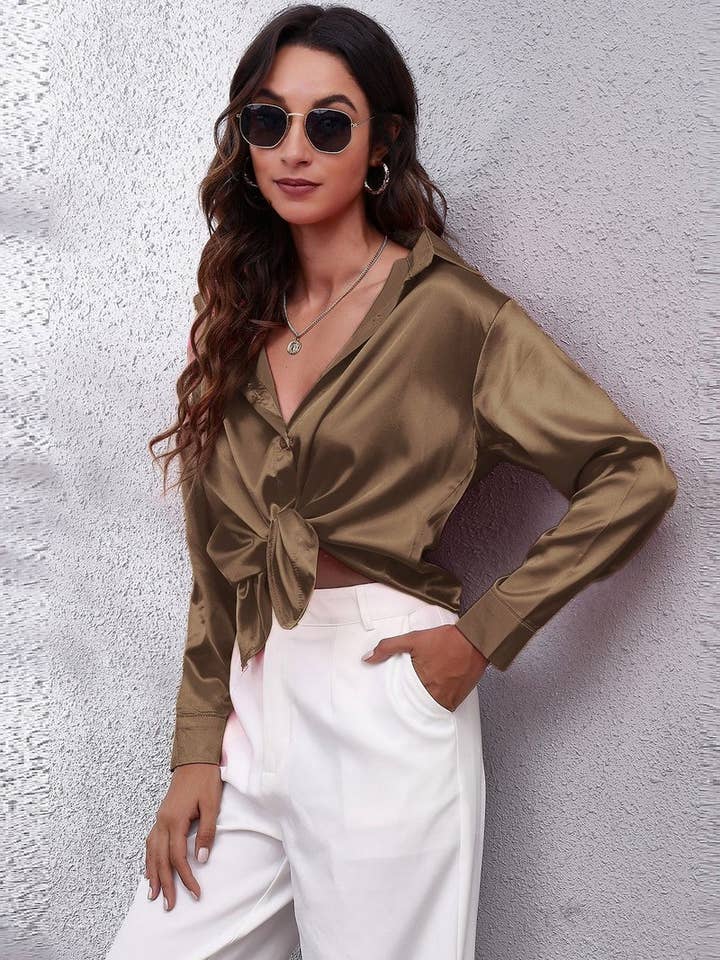 NINEXIS - Wholesale Button Down Shirt - Women's - CWTBLL0691_Button Down Silky Satin Long Sleeve Top64