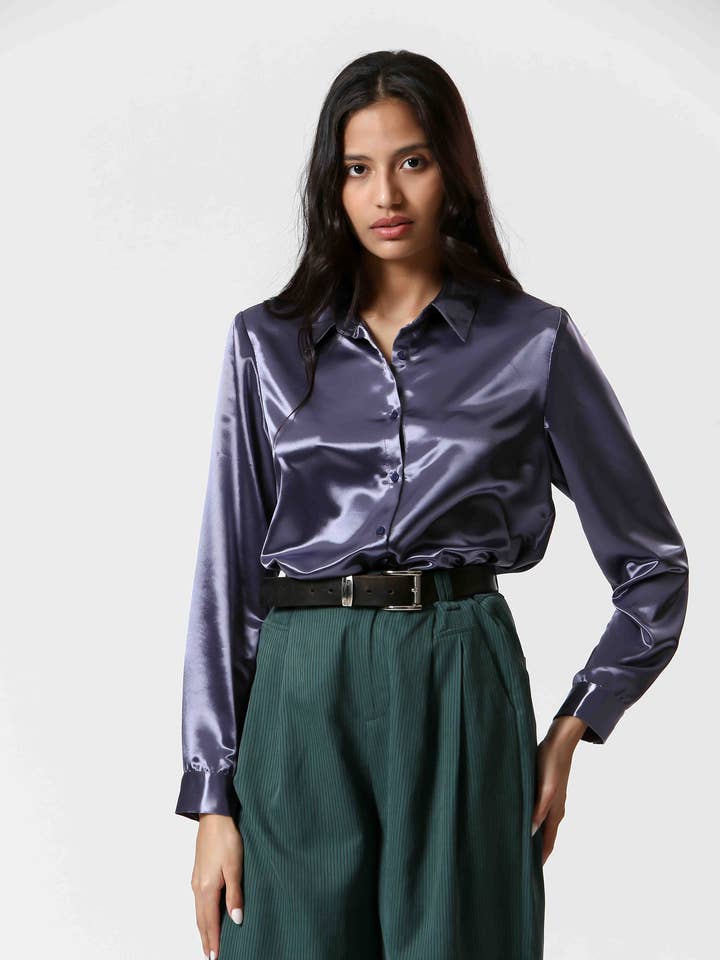 T24211058-Ladies Satin Long Sleeve Blouse for wholesale by The Korner - USA
