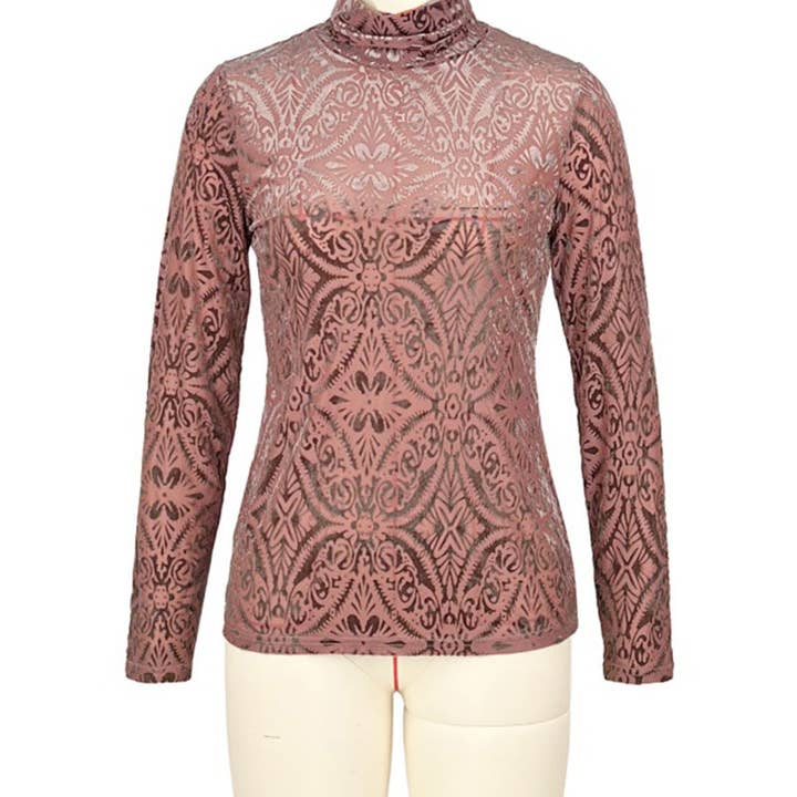 safistyle - Wholesale Blouse - Women's - High Neck Velvet Printed Long-Sleeve Top