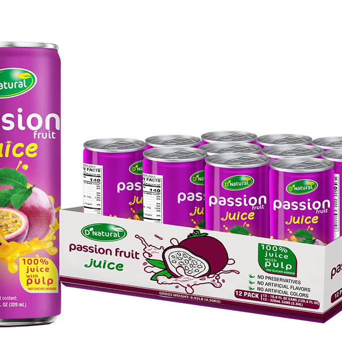 Takari International, Inc. - Wholesale Fruit Juice - D'Natural- 100% Passion Fruit Juice W/ Pulp (12 Cans X 10.8 oz)