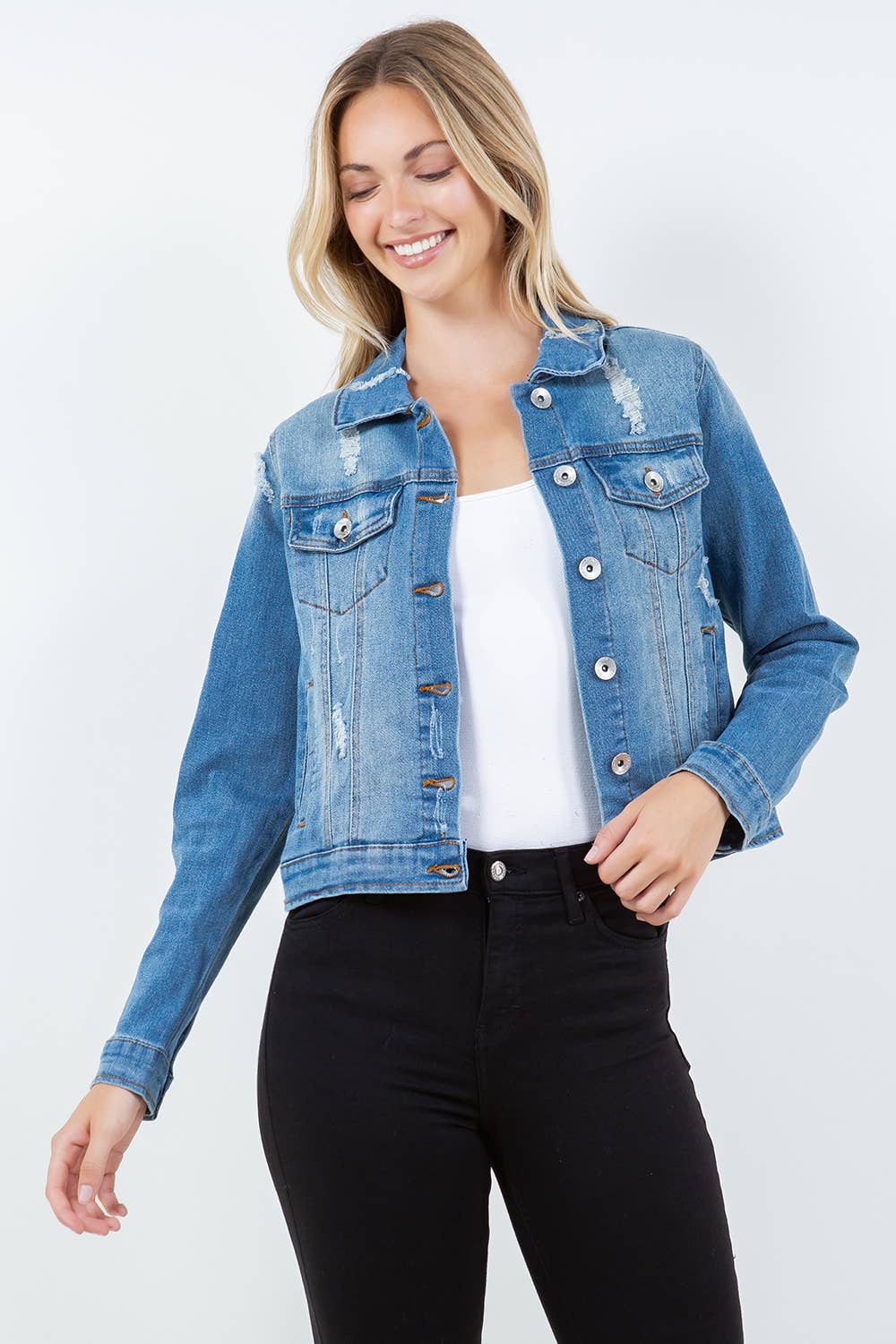 Veracci – Casaco de ganga - Mulher por atacado – Jaqueta jeans trucker clássica com stretch11