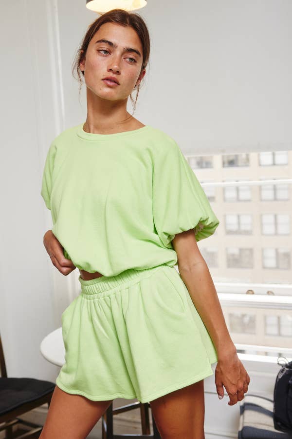 BUCKETLIST INC – wholesale Knit top – Women's – T2304 Bubble Hem & Sleeve Terry Crop Top23