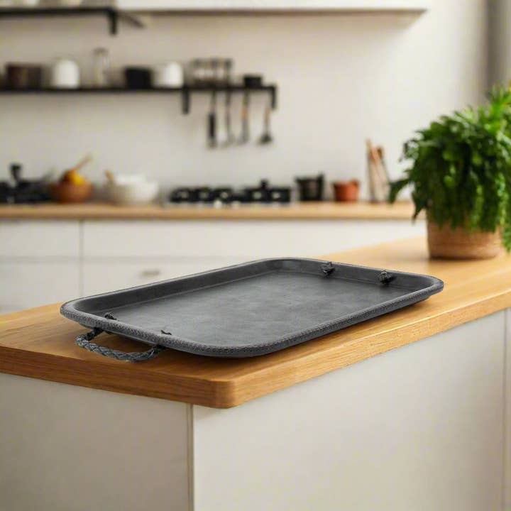 Bati Goods – wholesale Decorative tray – Hermana | 16” Leather Serving Tray w/ Embroidered Handles2