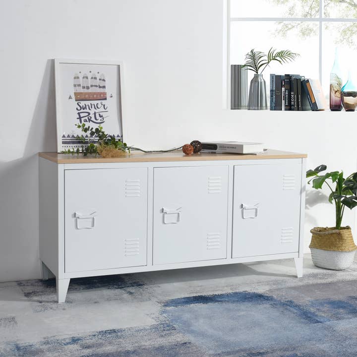 39F Inc. - Wholesale Cabinet - Industrial Metal Storage Cabinet with Wood Top-White/Black