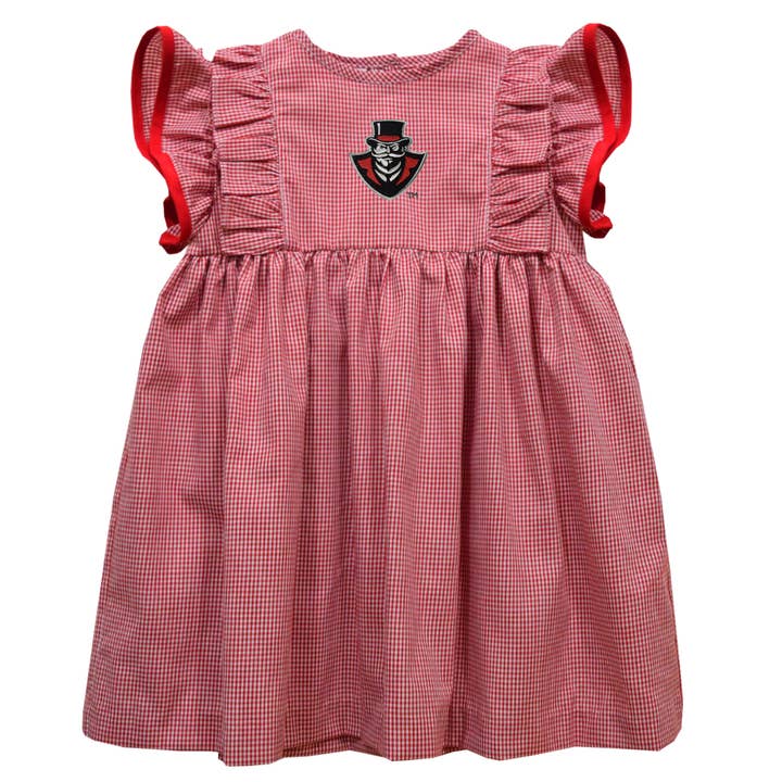 Austin Peay Governors Embroid. Red Cardinal Ruffle Dress for wholesale by Vive La Fete