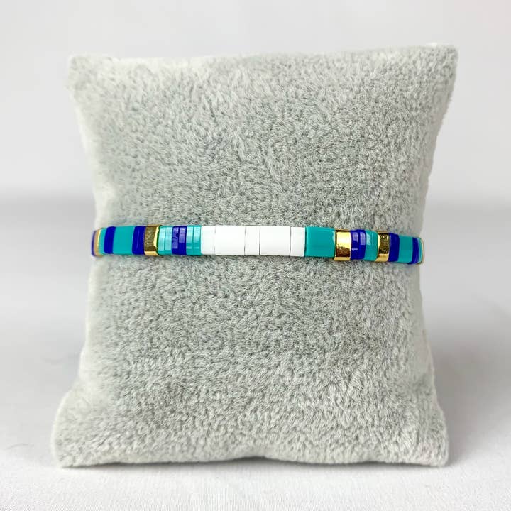 Kari Glass Tila Bead Stretch Blue White Bracelet for wholesale by My Bracelet Club