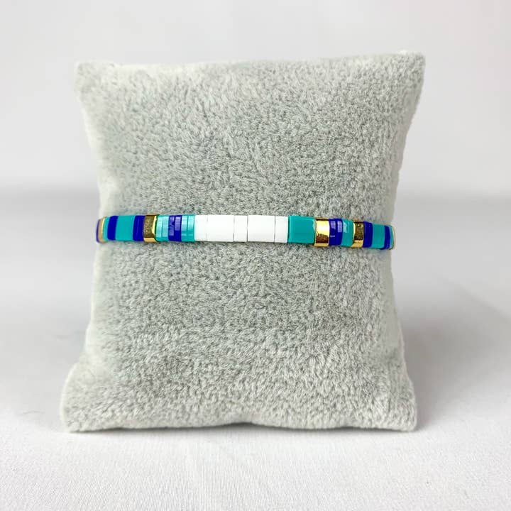 Kari Glass Tila Bead Stretch Blue White Bracelet for wholesale by My Bracelet Club