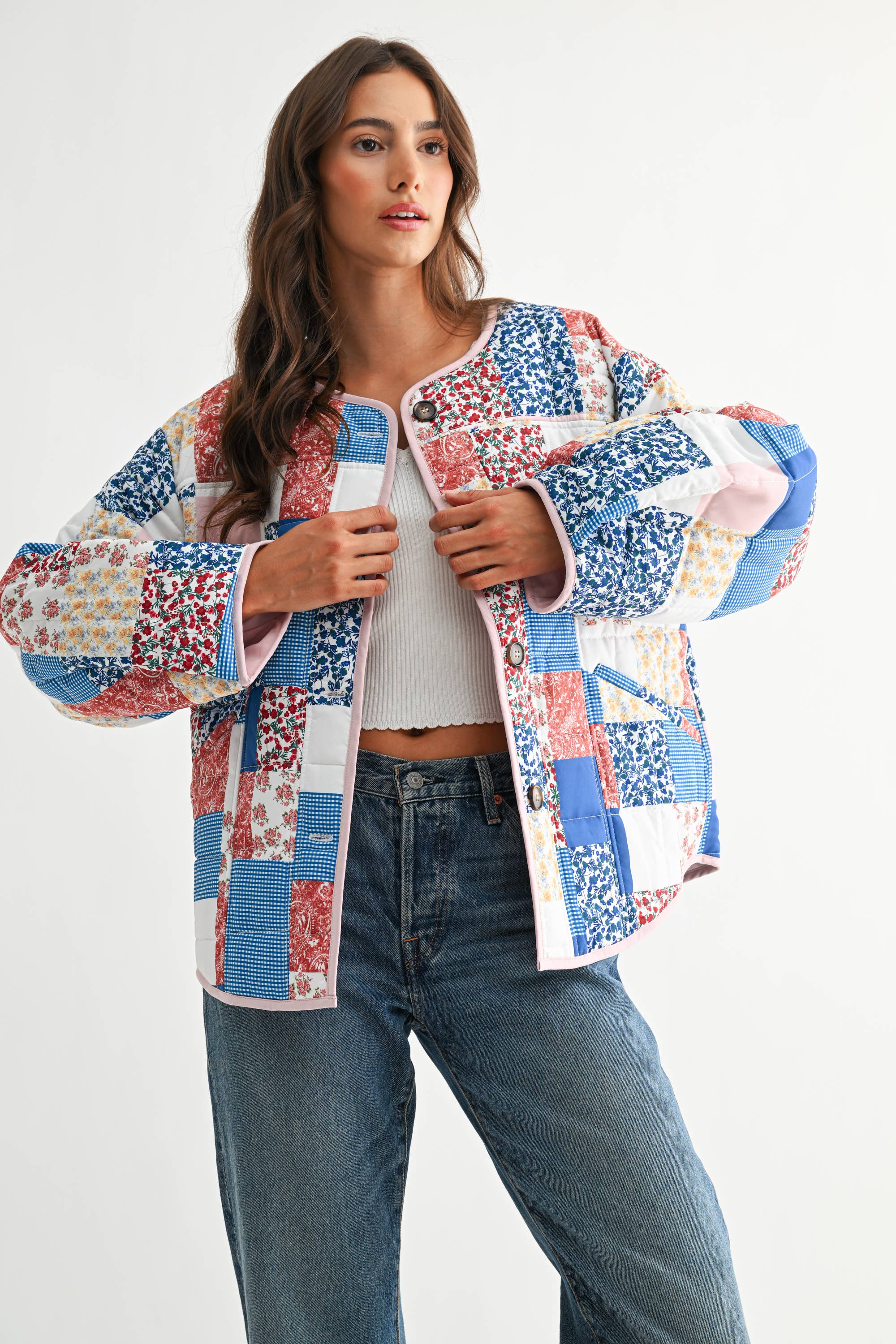 BLUE MULTI CJJ26871 PATCHWORK BLISS QUILTED JACKET for wholesale on Faire1