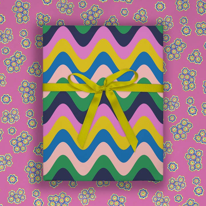Groovy Stripe & 60s Floral | Flat Gift Wrap | Double-Sided for wholesale by O.O.M.F. Creative
