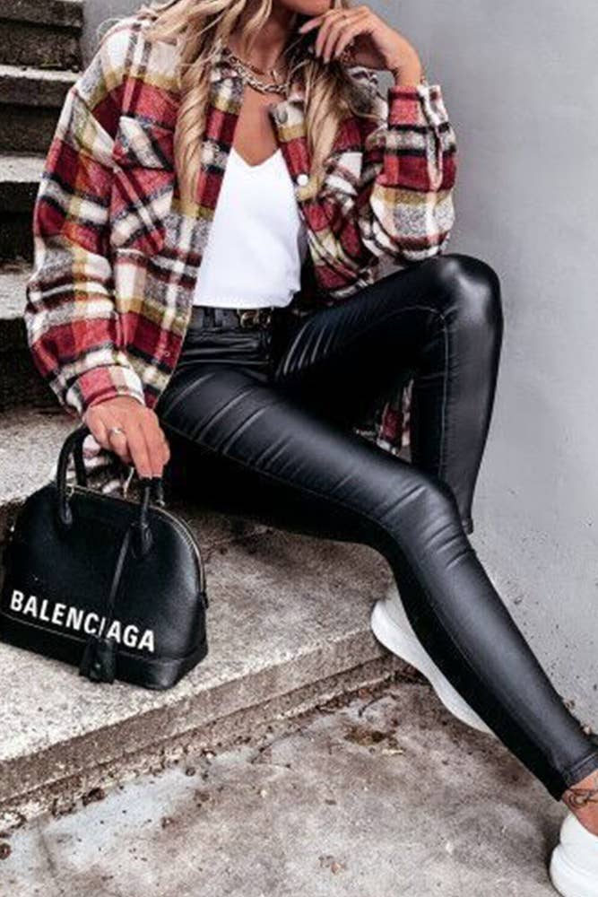 Red Plaid Flannel Shacket Jacket Women STC211-R1 for wholesale on Faire2