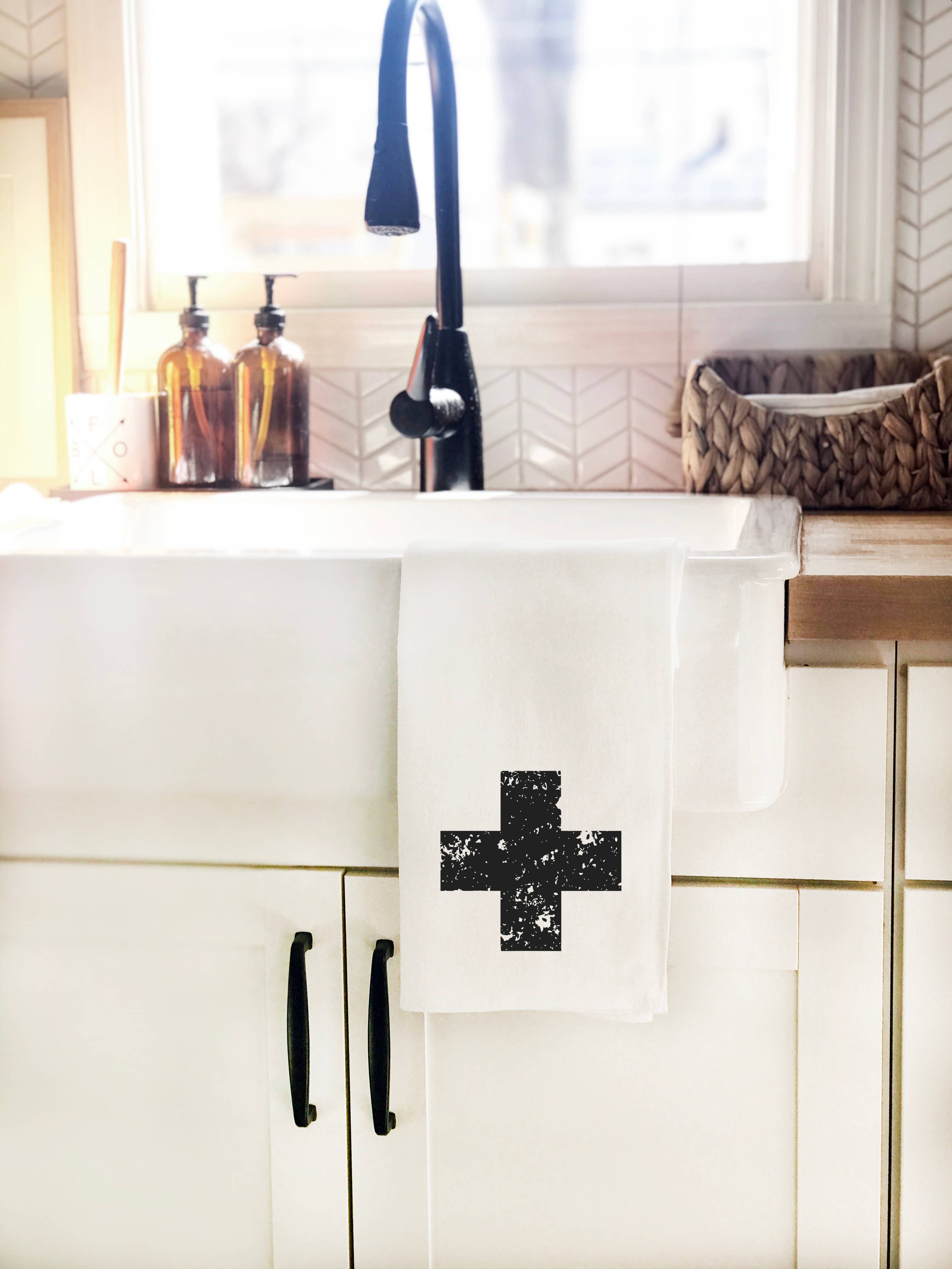 Perfect Day Print Co - Wholesale Tea Towel - Distressed Swiss Cross Tea Towel, Black & White Dish Cloth2